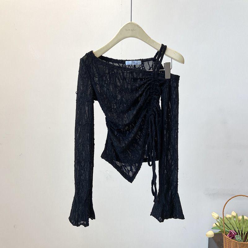 2024 Autumn Korean Chic Off-Shoulder Bell Sleeve Cropped Top for Women