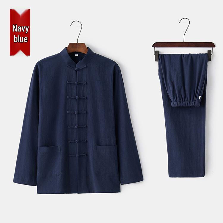 Herren Langarm Baumwolle & Leinen Tang-Anzug: Zweiteiliges Set im chinesischen Retro-Stil mit Froschknöpfen für Herbst und Frühling