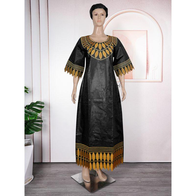 African Summer Women's Clothing Plus Size Full Craft Fragrant Figured Cloth Embroidered Robe Half Sleeve Ethnic Style Dress with Headscarf
