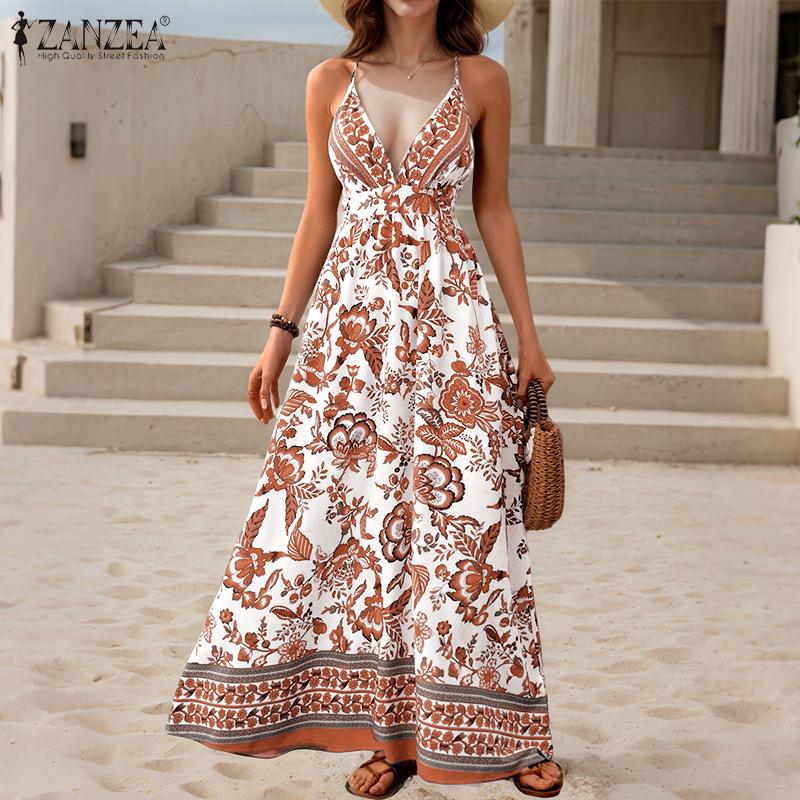 ZANZEA Women Summer Bohemian Print Casual V-Neck Sleeveless Straps Dress