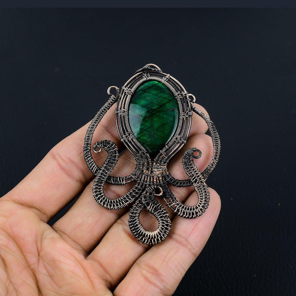 Green Flash Labradorite Pendant, Handmade Gemstone Pendant, 999 Copper Wire Wrapped Pendant Antique Jewelry, For Engagement Gift