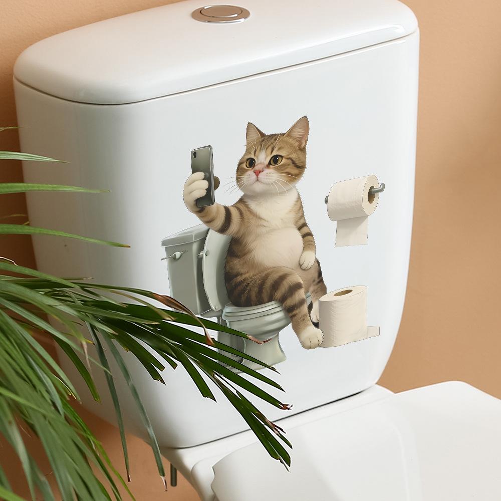 Funny Cat Playing Mobile Phone on Toilet Self Adhesive Wall Sticker Home Bathroom Decor