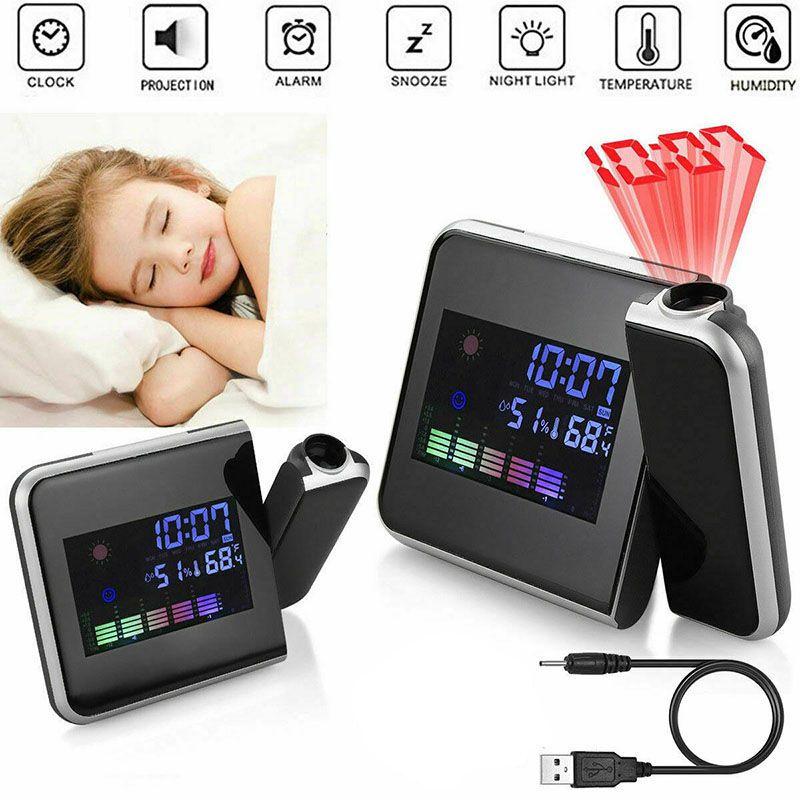 Led Digital Projection Alarm Clock Weather Thermometer Snooze Back Light