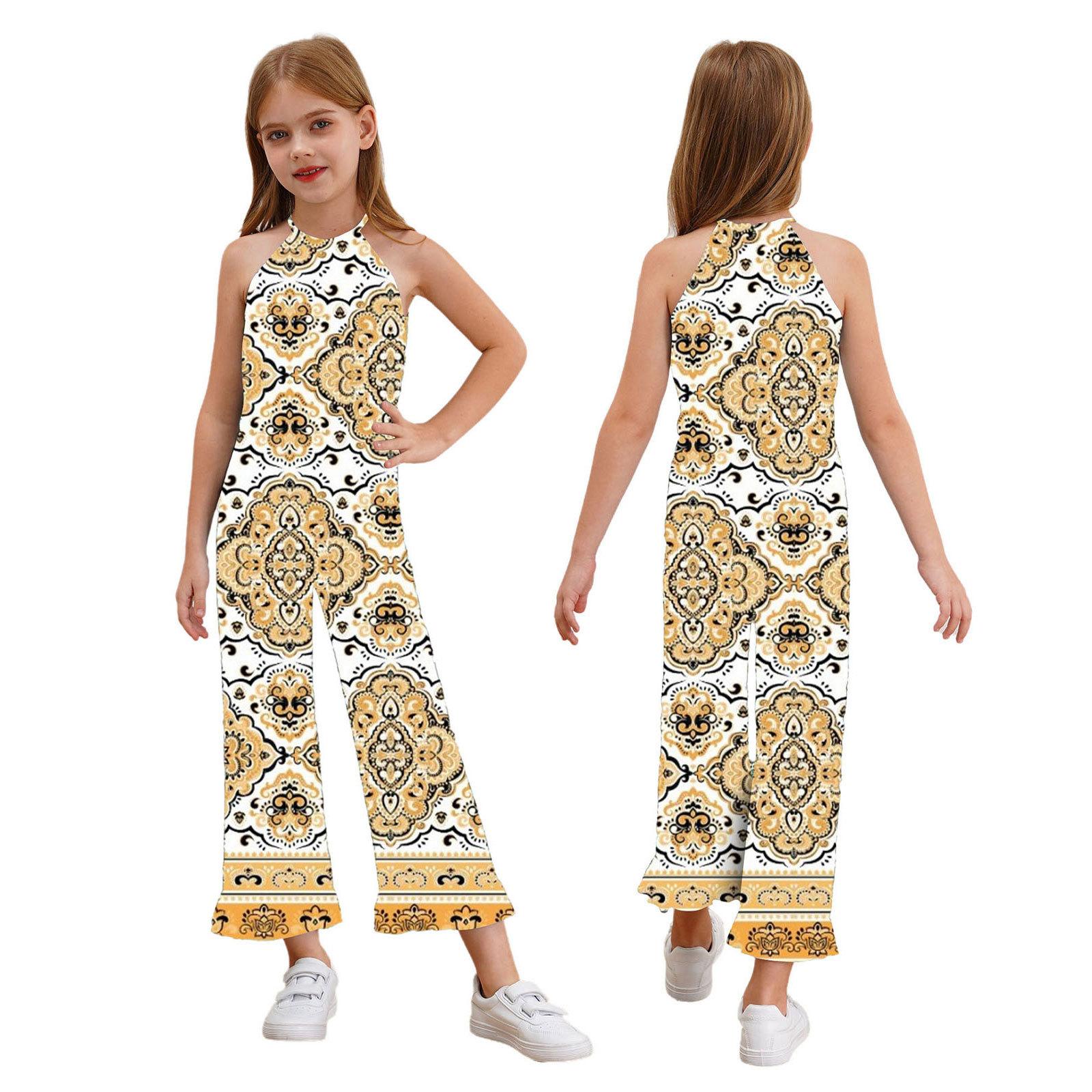 

Дитячий комбінезон без рукавів із квітковим принтом для дівчат, цільний комбінезон у стилі бохо з поясом, літній комбінезон-сарафан. 7-8 Years жовтий