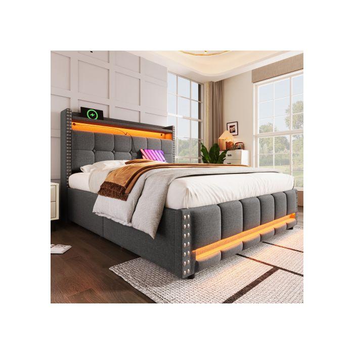 Lit rembourré - MUVOE - 140x200 cm - Éclairage LED - Prise USB - 4 tiroirs de rangement