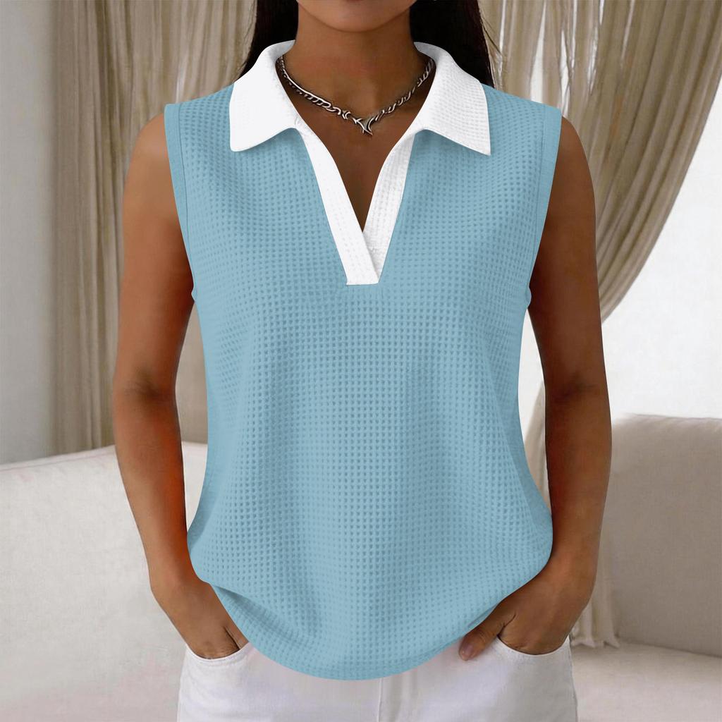 Women's Casual Color Block Knit Sleeveless Collar Tank Top