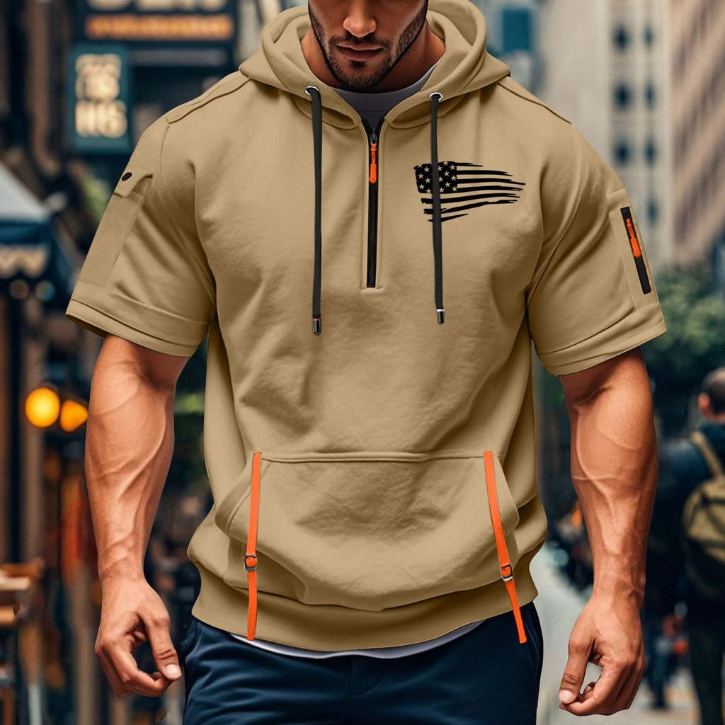 Men's Summer Shirt Print Zipper Pocket Short Sleeve Hooded Sweatshirt Men's Sports Large Size Casual Sweatshirt