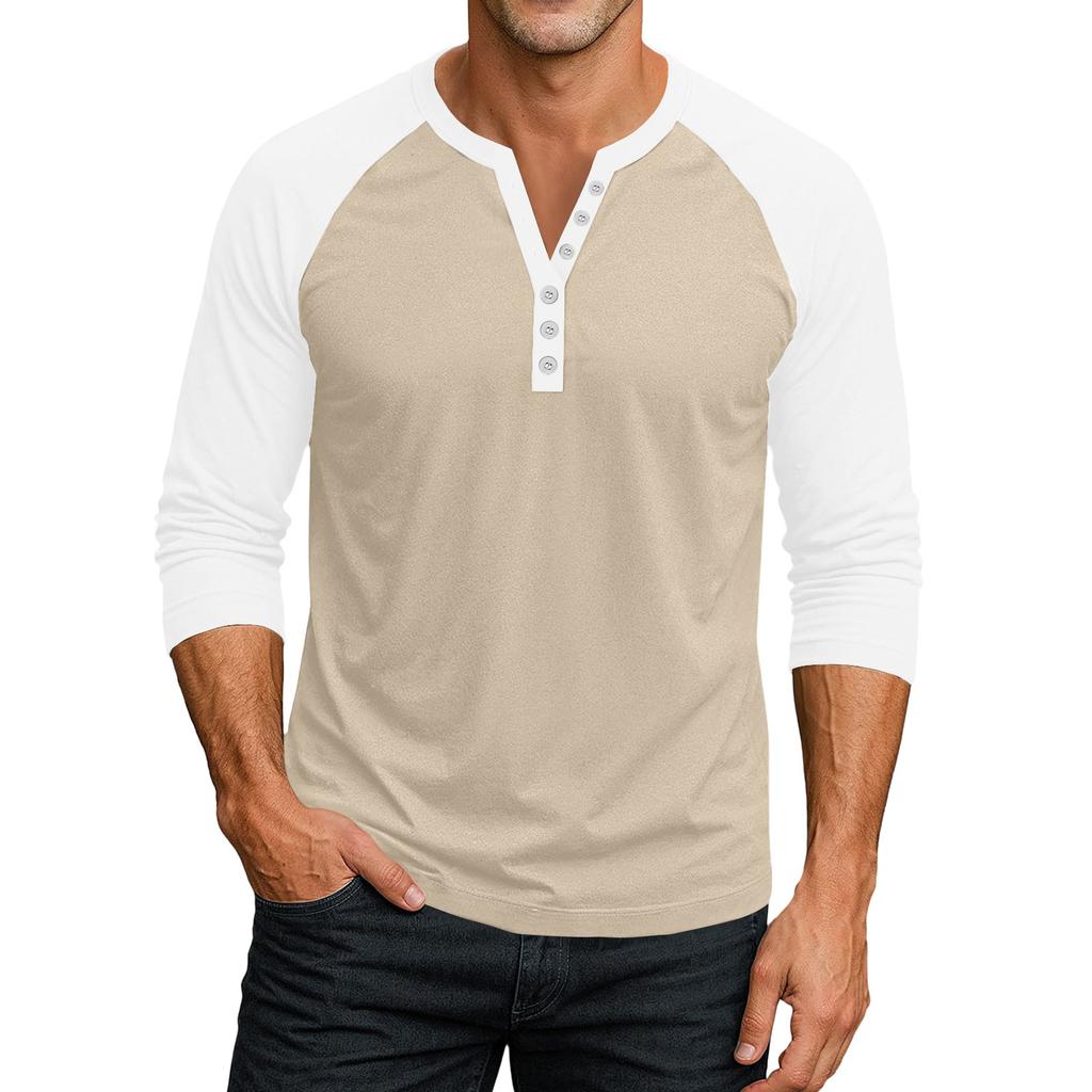 Men's Button-Down Contrast Raglan 3/4 Sleeve Top