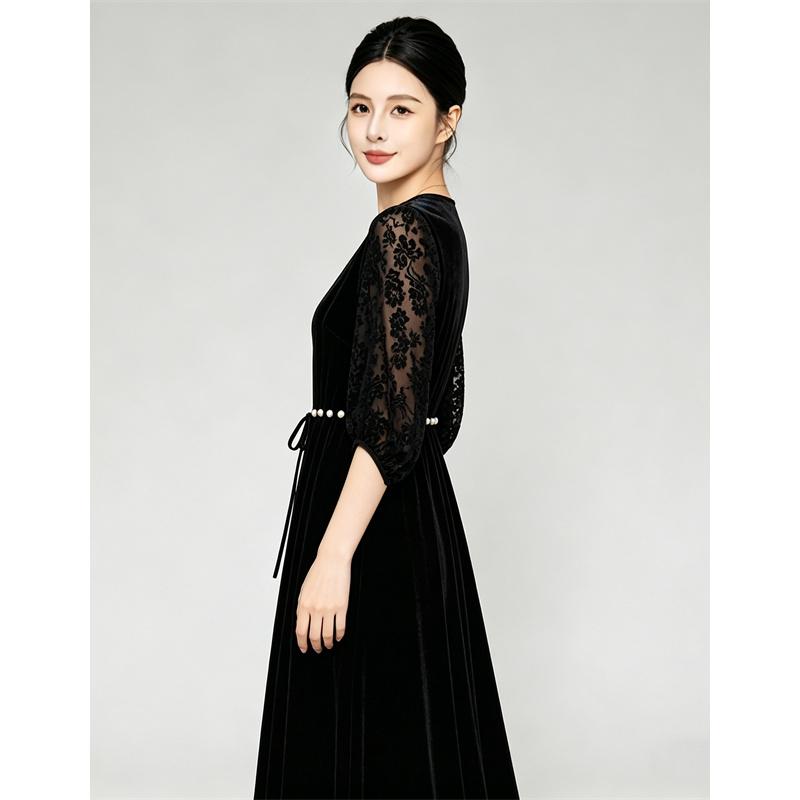 V-neck Velvet Waist Cinched Dress