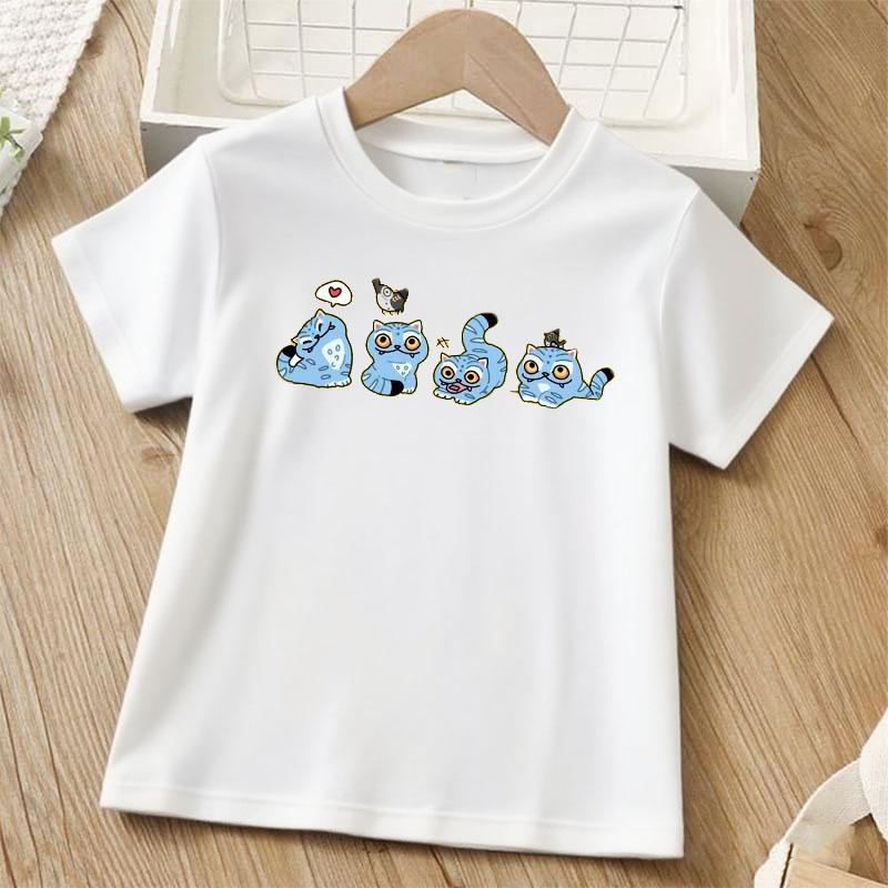 Blue Tiger Printed Children T-shirt Summer Girls Casual Loose Kawaii O-Neck Short Sleeve Colorful Tops Children Clothing