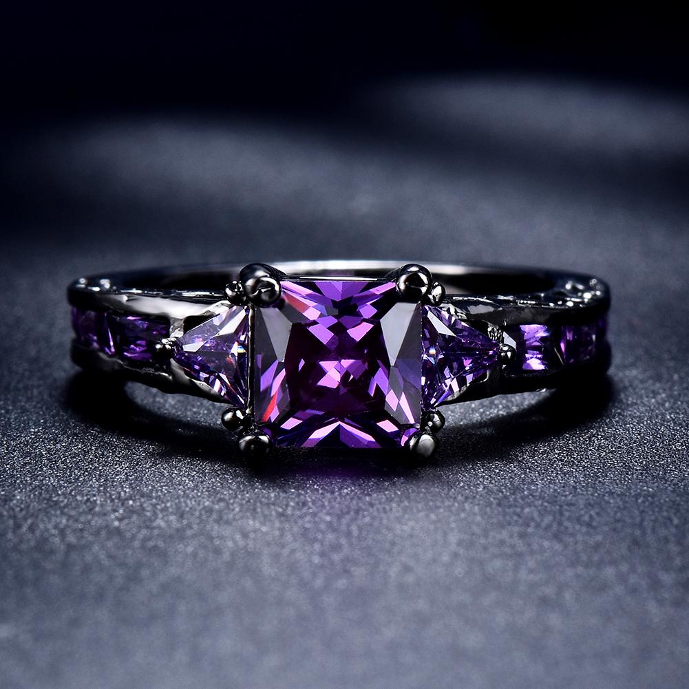 1 Pc Black Golden Color Princess Cut Purple Stone CZ Claw Rings Wedding Band Jewelry Valentine's Day Gifts