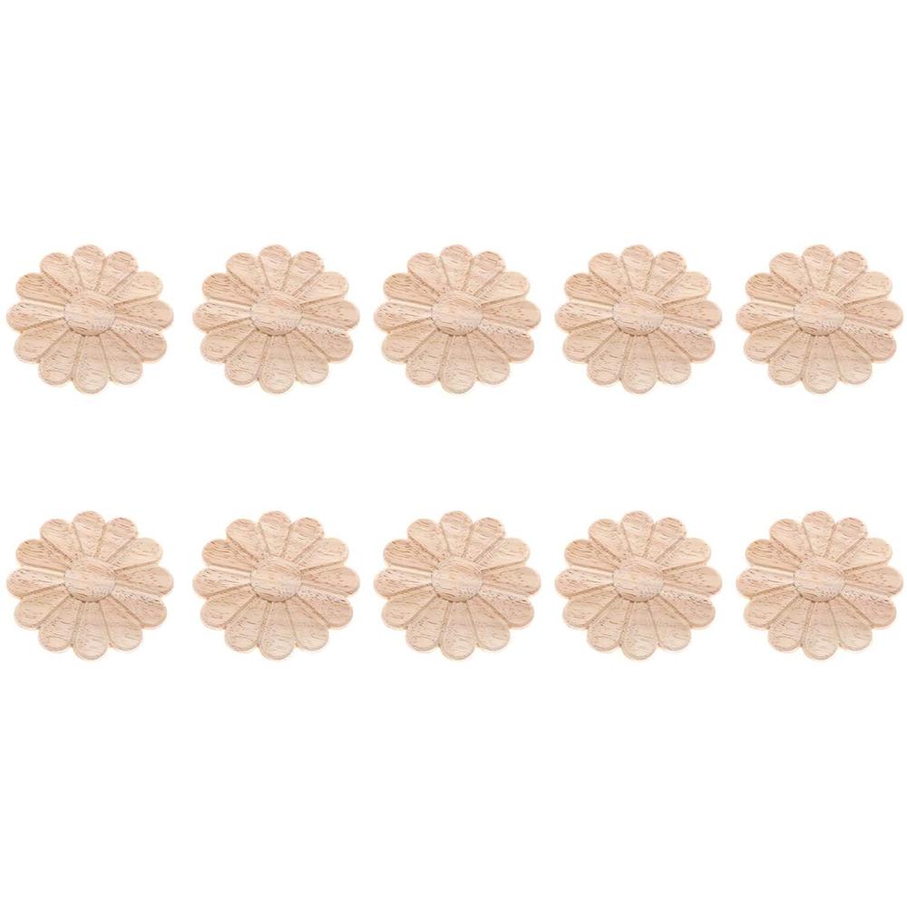 Aug. 10Pcs Unpainted Round Flower Pattern Wood Carved Applique Frame Onlay Cabinet Furniture Decoration 6Cm