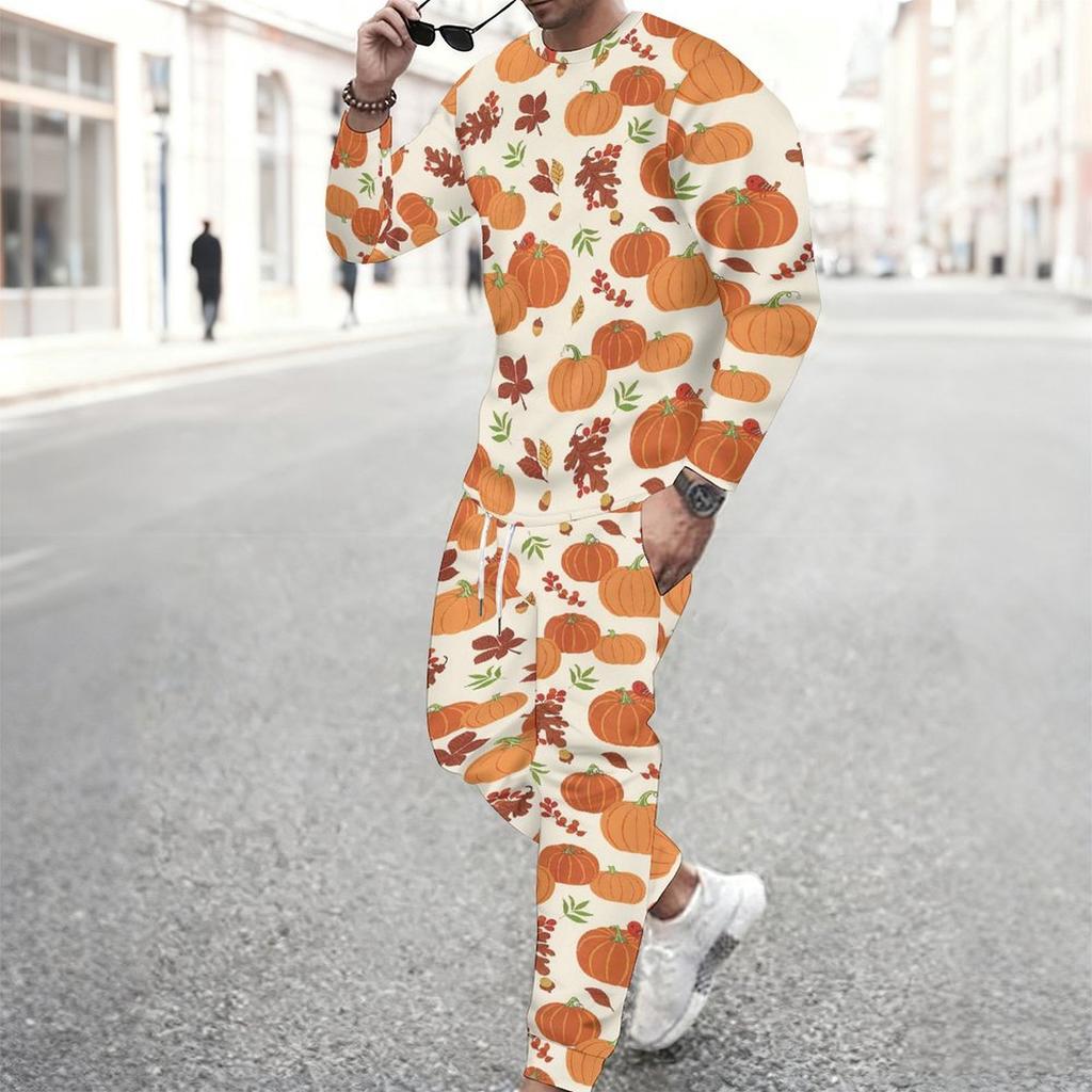 Men Orange Color Block Leopard Pumpkin Sunflower Print Long Sleeve Sweatshirt Jogger Pants Two Piece Suit