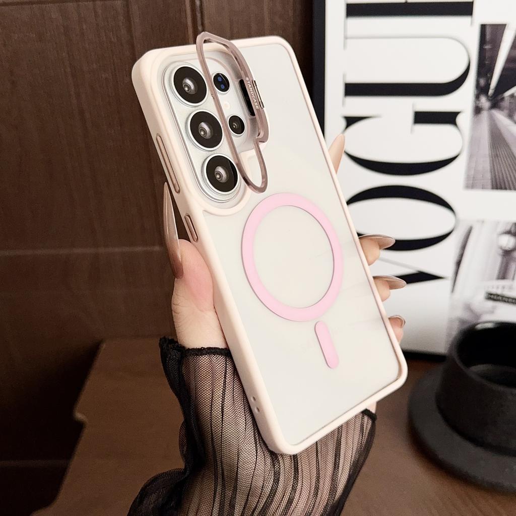 HD Transparent Magnetic Case For Samsung Galaxy S26 Ultra S25 S24 Plus S23FE Metal Lens Holder Stand Wireless Charge Cover Funda