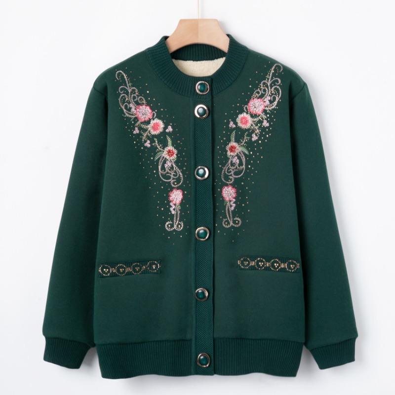 Middle-aged and Old Autumn and Winter Embroidered Sweater Grandma Fleece Thickened Knitted Sweater Jacket Year-old 0 Mother Autumn Top