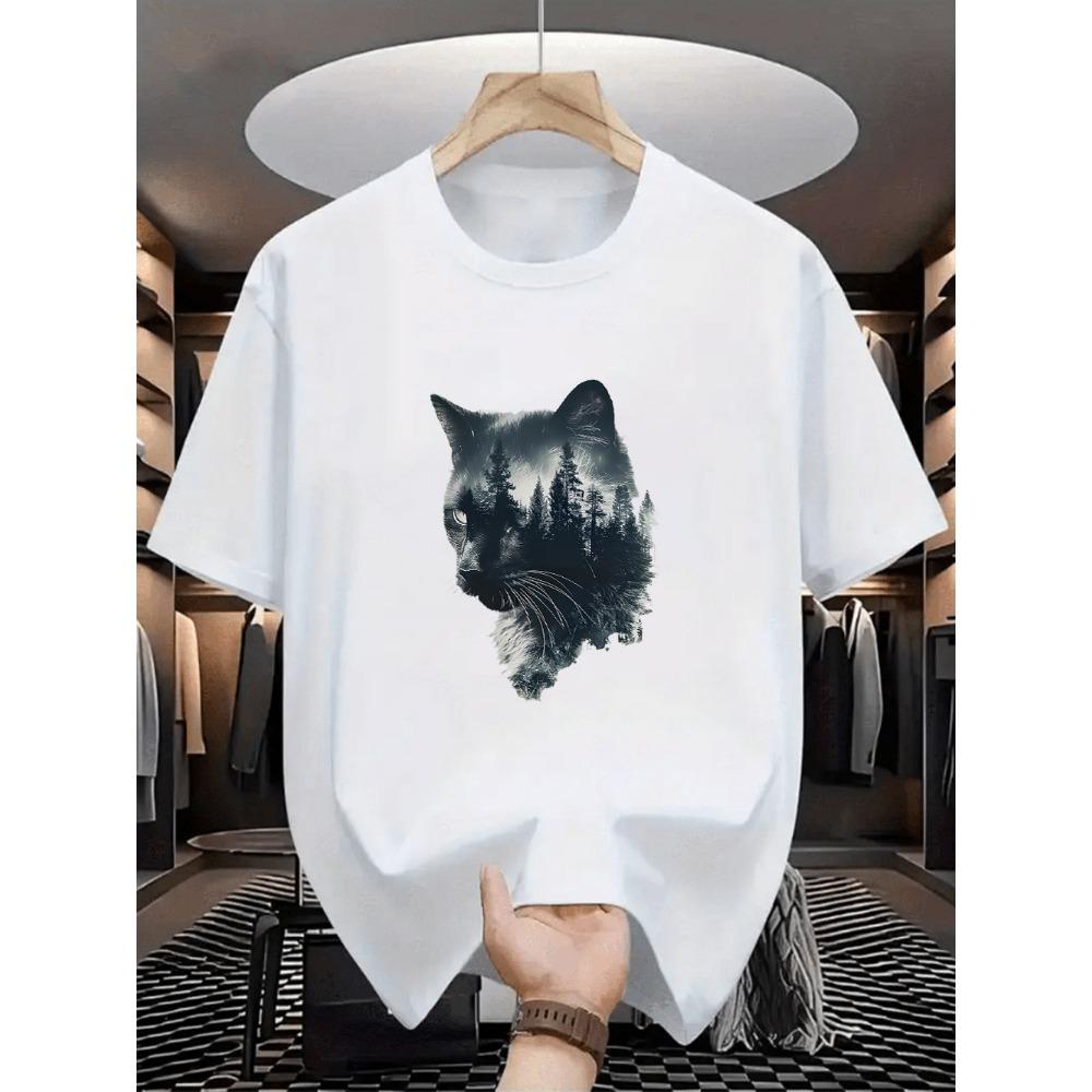 White Double Exposure Cat Forest Graphic Print Short Sleeve T-Shirt Loose Crew Neck Tee for Cat Lovers