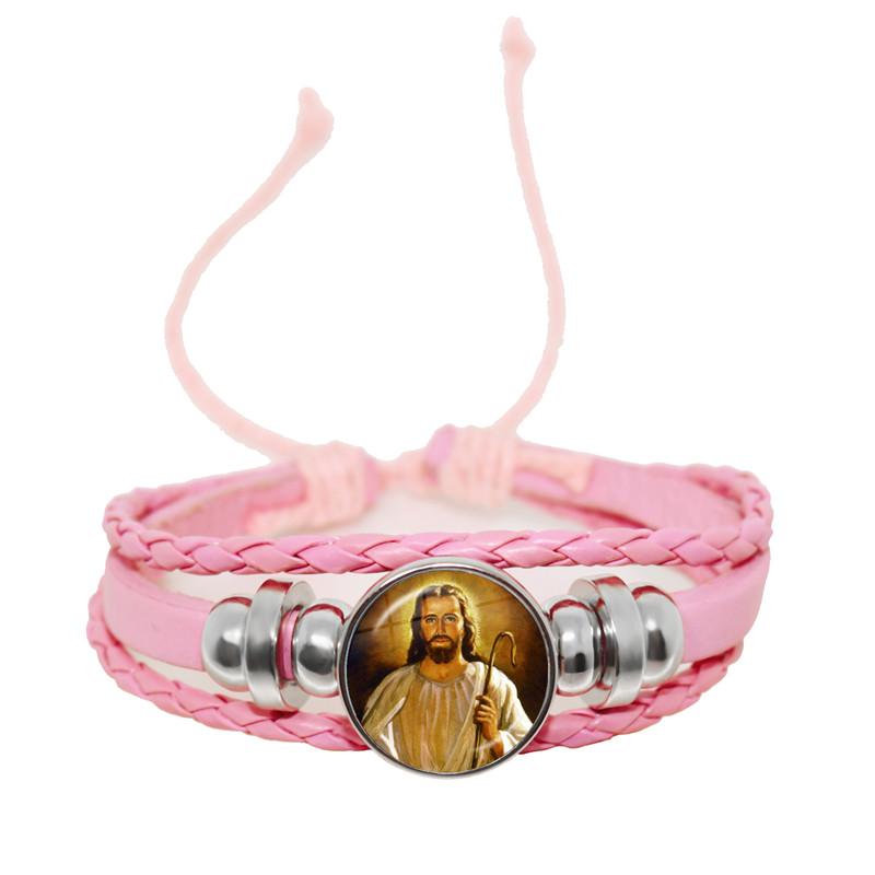 Virgin Mary Baby Jesus Christian Catholicism Jewelry Black Button Leather Bracelet Blessed Mother Religious Glass Cabochon Gift