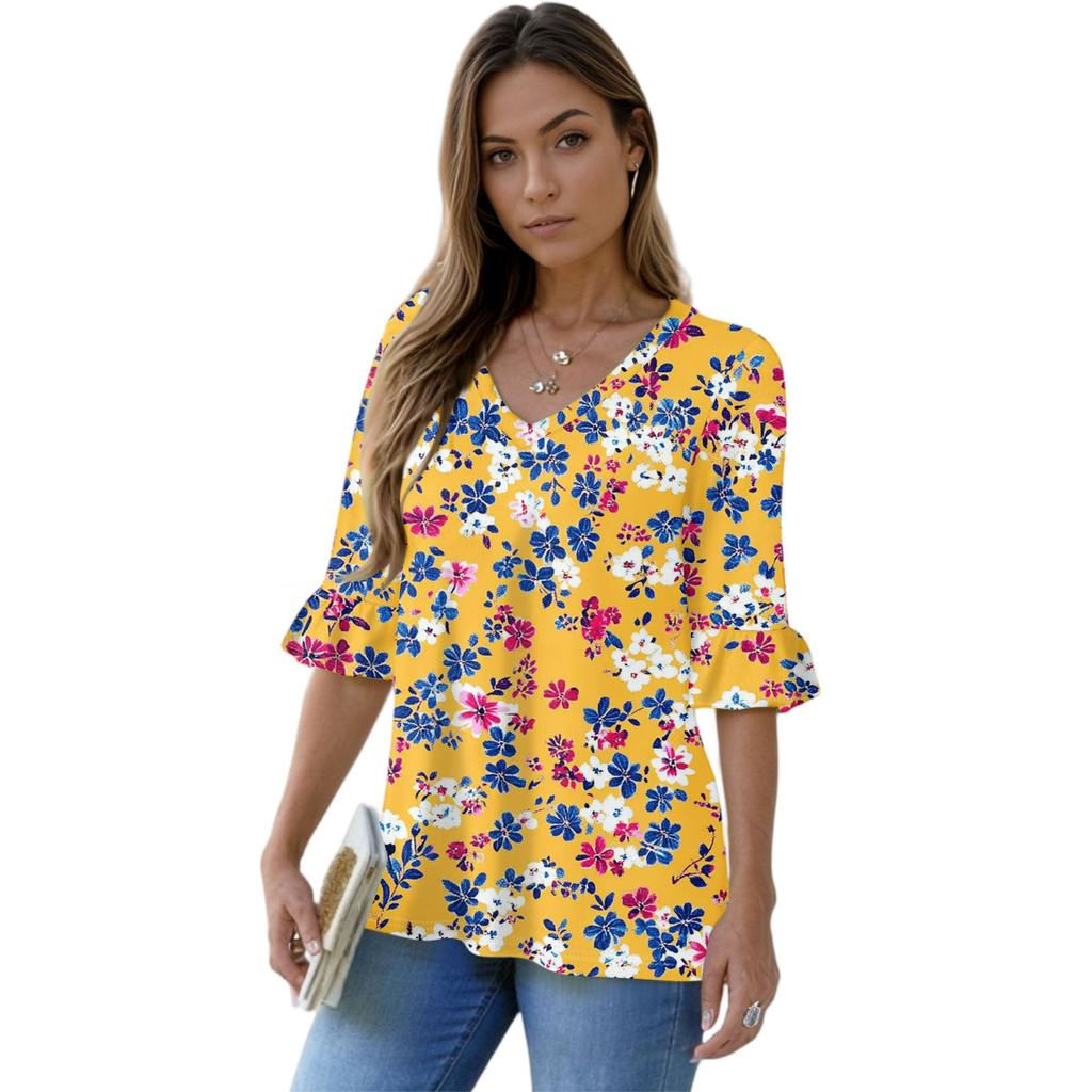 Women's Casual 3/4 Sleeve Tops V-Neck Sleeve T-Shirt Floral Print Tops