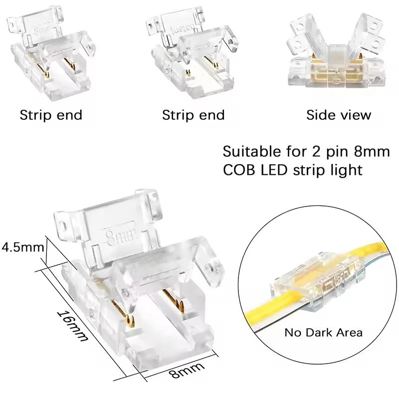 COB Mini Led Light Strip Wire Connectors 2 Pin Connection SolderlessCOB 8mm LED Strip To Strip Wire Connector