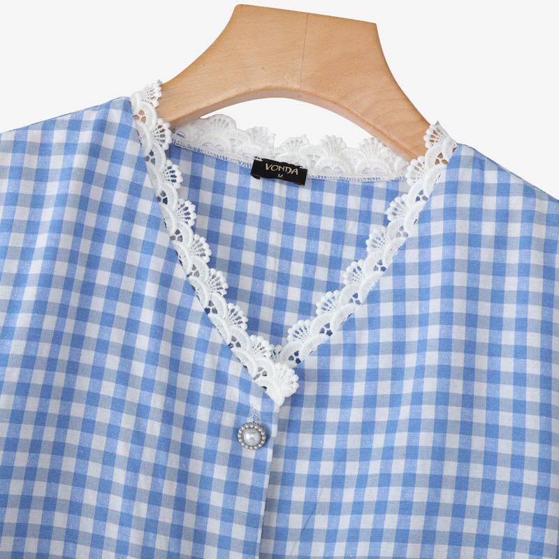 VONDA Women V Neck Short Sleeve Lace Crochet Patchwork Buttons Plaid Casual Blouse