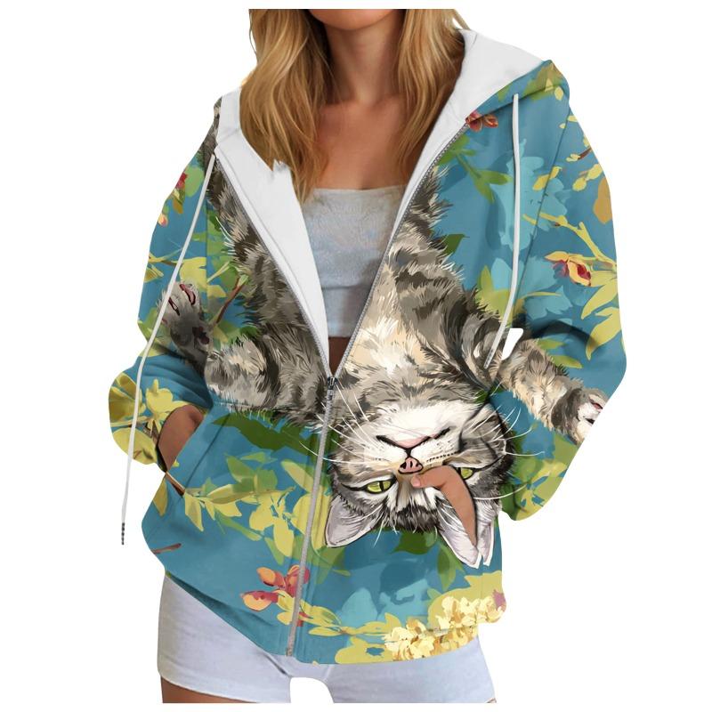 Funny Animal Print Hooded Sweatshirt Zipper Top Women'S Oversize Casual Cardigan Jacket With Pockets Long-Sleeve Outerwear Tops