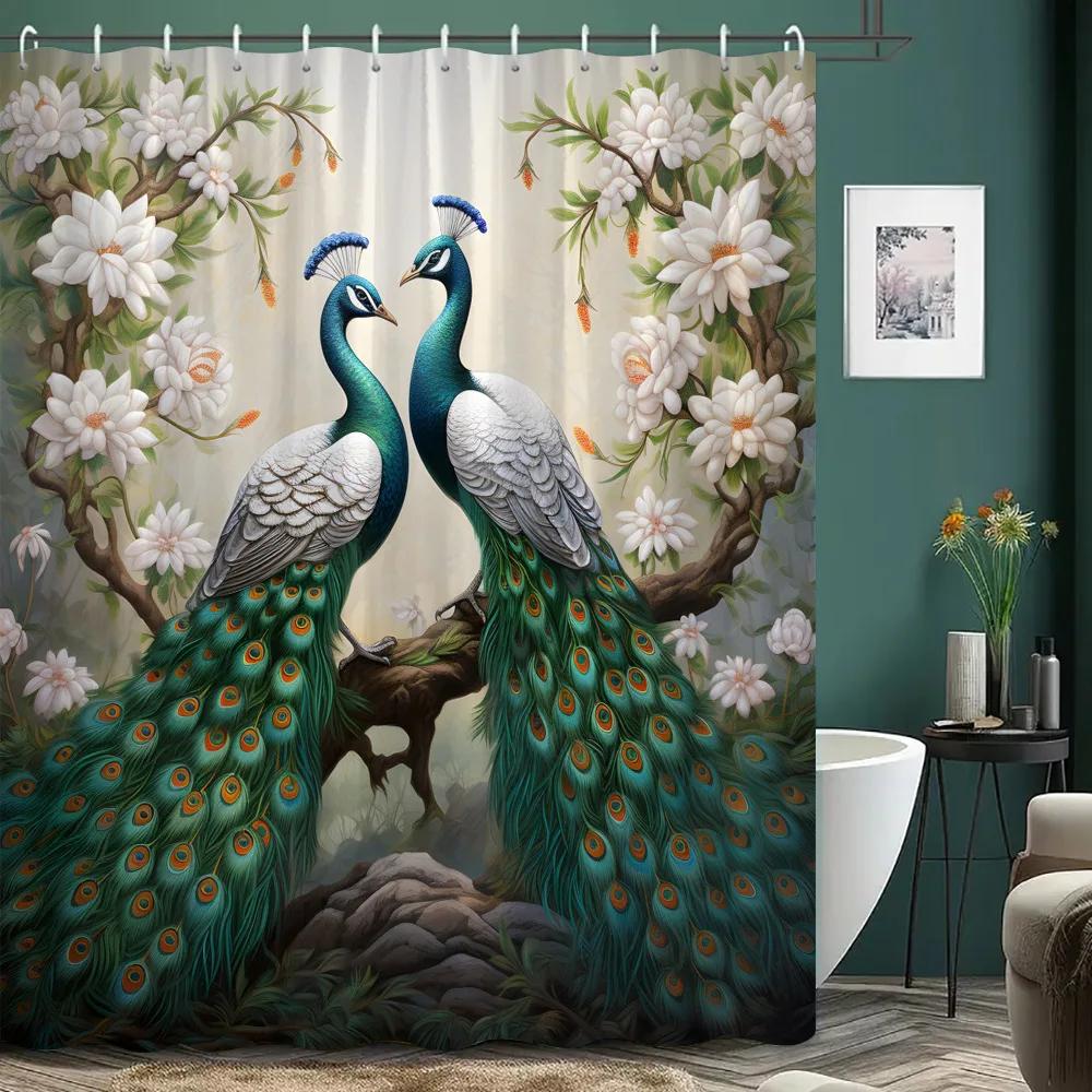Beautiful Peacock Shower Curtain Blooming Flower Botanical Watercolour Artistic Creation Polyester Shower Curtain Bathroom Dec