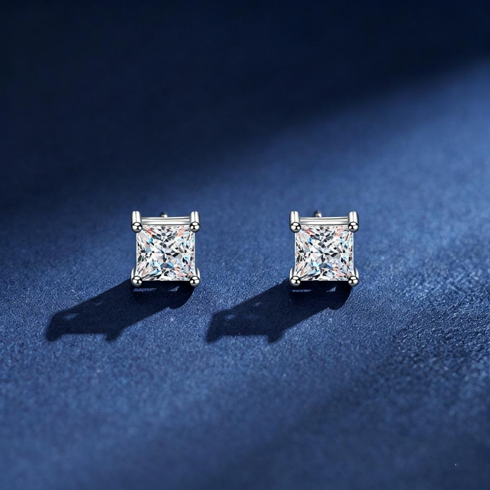 S925 Sterling Silver Moissanite Earrings Square Four Prong Stud Earrings Princess Cut Diamond Simulant Jewelry