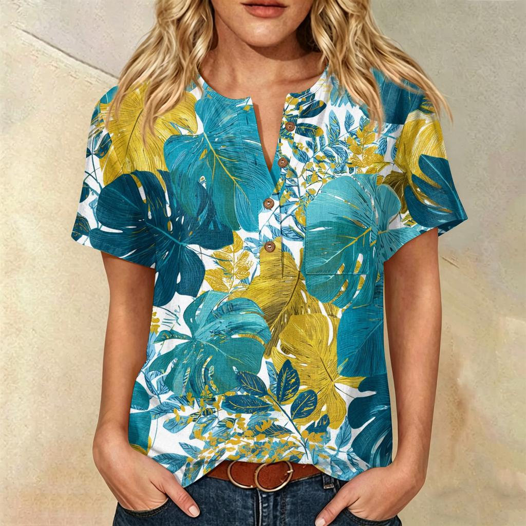 Damen Freizeit Hemd mit Print, Henley-Knopfleiste, kurzen Ärmeln, Baumwoll-Leinen-Mischung und Brusttasche für den Sommerlichen Alltagsgebrauch