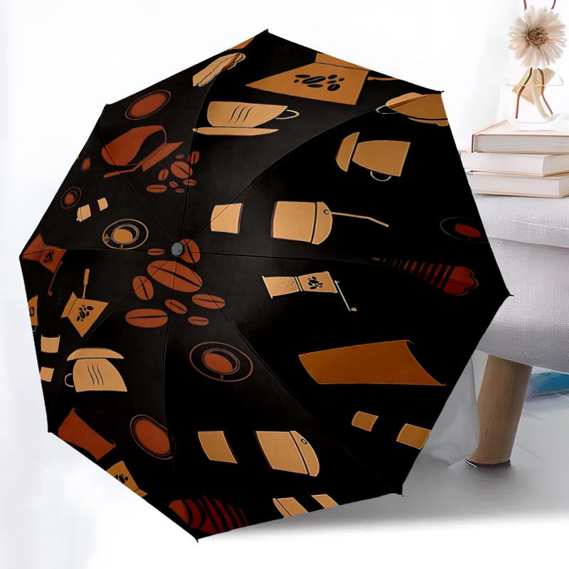 1pc Golden Coffee Icons Automatic Opening and Closing Practical Umbrella - Lightweight 3-Fold Design, Suitable for Fans, Travel, Daily Use - Official
