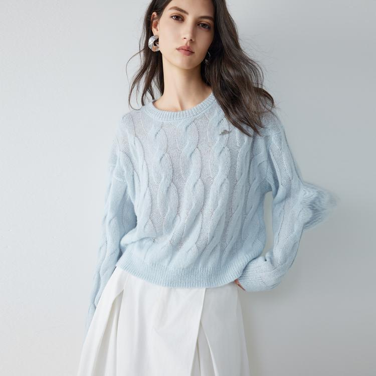 ELLE French Cable Knit Fashion Mohair Design Casual Short Loose Pullover Sweater Women Tops L8AZC141