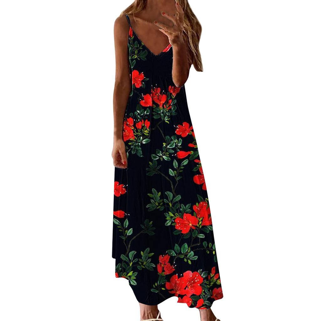 Fashionable Women's Summer Loose Printed Flowing V -neck Cute Suspender Dress