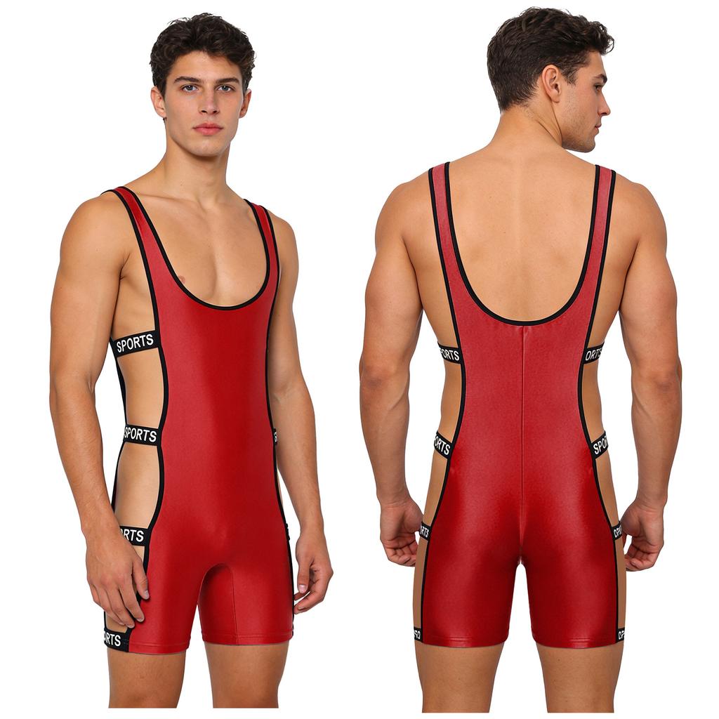Men‘s Shiny One Piece Swim Bodysuit S-3XL Low Cut Neck Strappy Side Open Elastic Waistband Boxer Bottom for Bodybuilding Pool Training