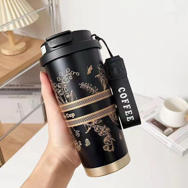 New lily of the valley 316 stainless steel coffee cup ceramic liner thermos cup large capacity high-value gift water cup