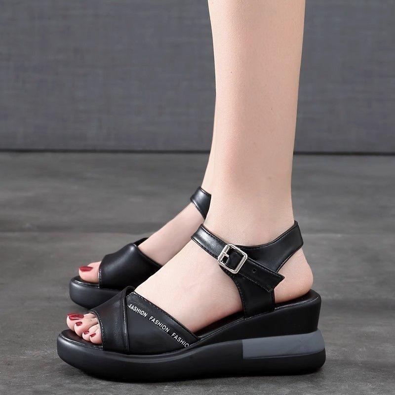 Soft Leather Sandals, Summer Roman Sandals, Wedge Heels, Platform Soles, Versatile Open-toe Mid-heel Women s Sandals 35 чёрный