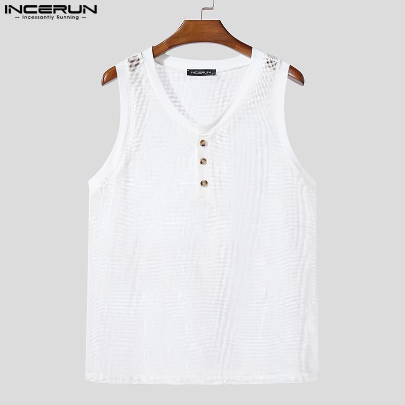 INCERUN Summer Men Sleeveless Hollow Out Mesh Sheer Casual Tank Tops