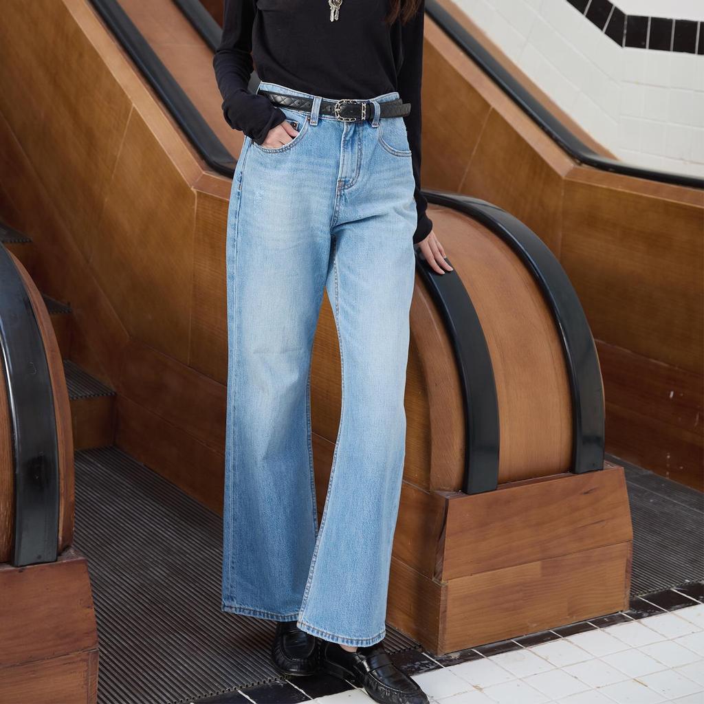 Yang Shulin Retro Snowflake Blue Jeans: Hong Kong Style Loose Slimming Flare Pants for Spring and Autumn.