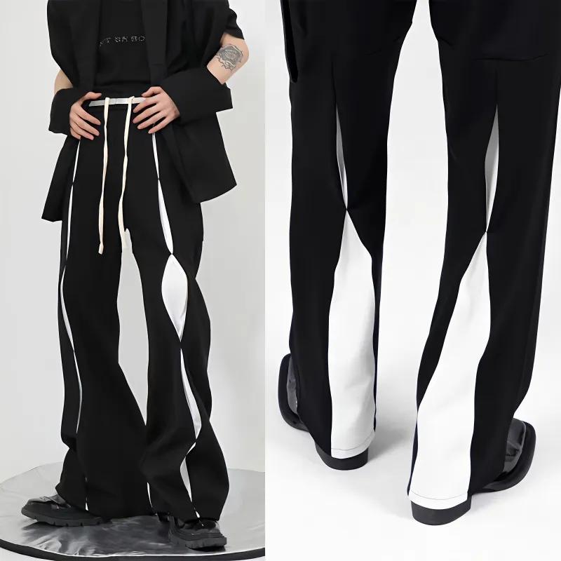 Fashion Contrast Color Stylish Patchwork Trousers Black White Men's Clothing Patchwork Minimalist Loose Streetwear Bootcut Pants