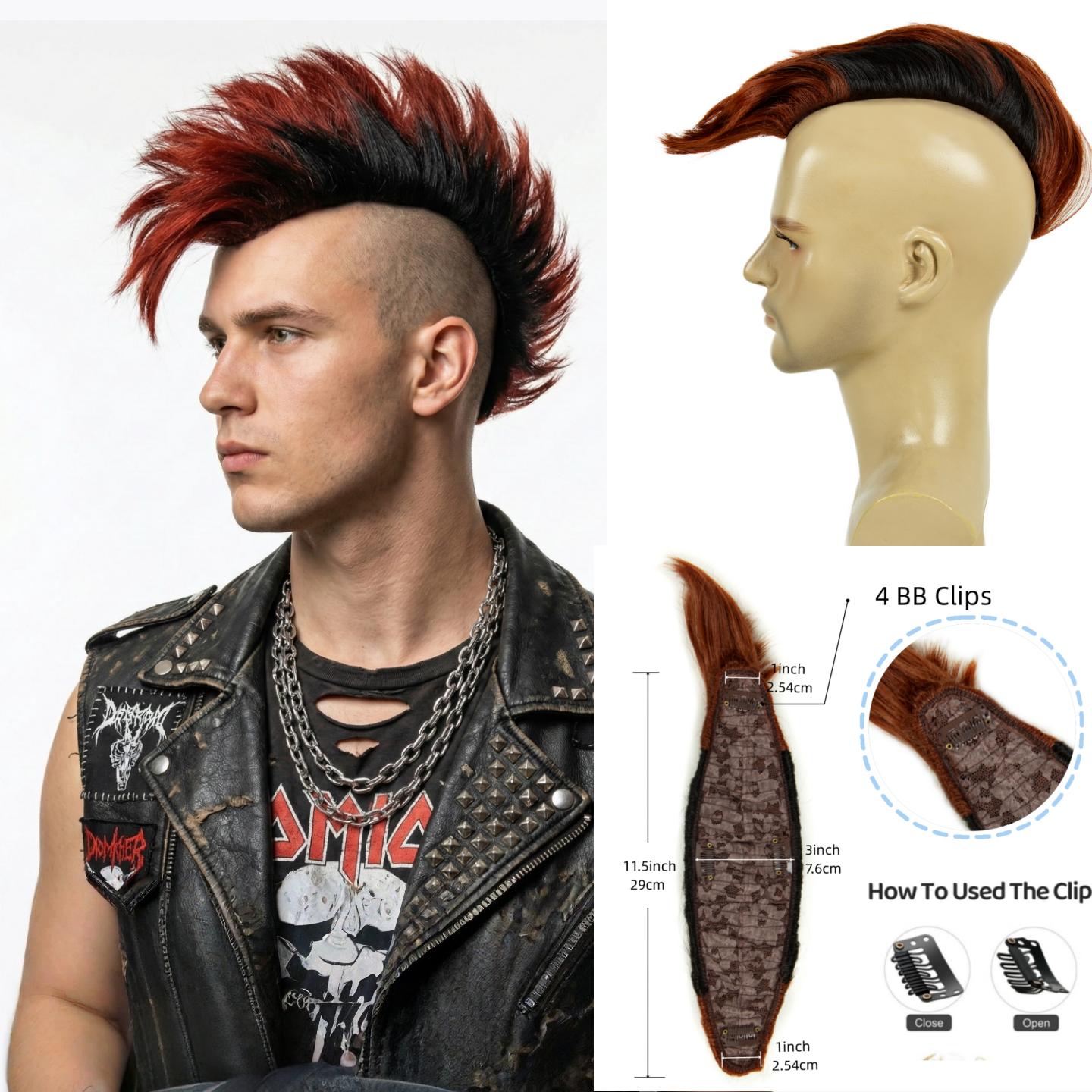 REEWES Heren Mohawk Pruik Halloween Grappig Cosplay Rood & Zwart Kort Toupetje voor Mannen Synthetisch Clip-in Haaraccessoires Feest 6inches beige