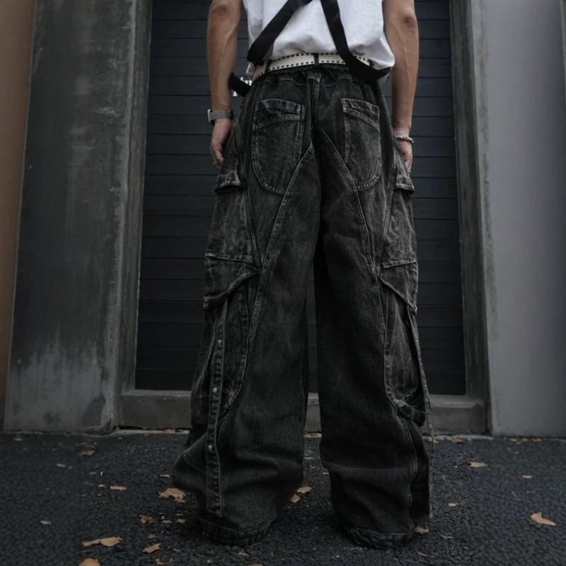 Distressed Denim Cargo Pants With Multiple Pockets Tassel Details Loose Wide Leg Straight Cut Men Women