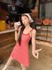 [Spot] Sweet and cool lace-up stacked skirt fat MM summer new red plaid suspender dress solid color short