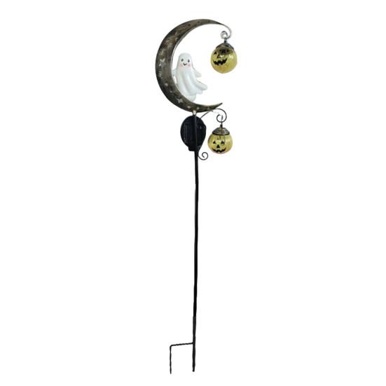 Decorative Metal Yard Stakes Solar Halloween Garden Stake Light, Auto On/Off Crescent Moon Black Cat with Hanging Waterproof Wrought Iron