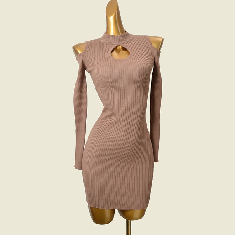 

Pure Desire Sexy Half High Collar Knitting Bottoming Hip Skirt Fashion Hollow out Shoulder-Baring Silm Elastic Export Dress Khaki (defect) XL