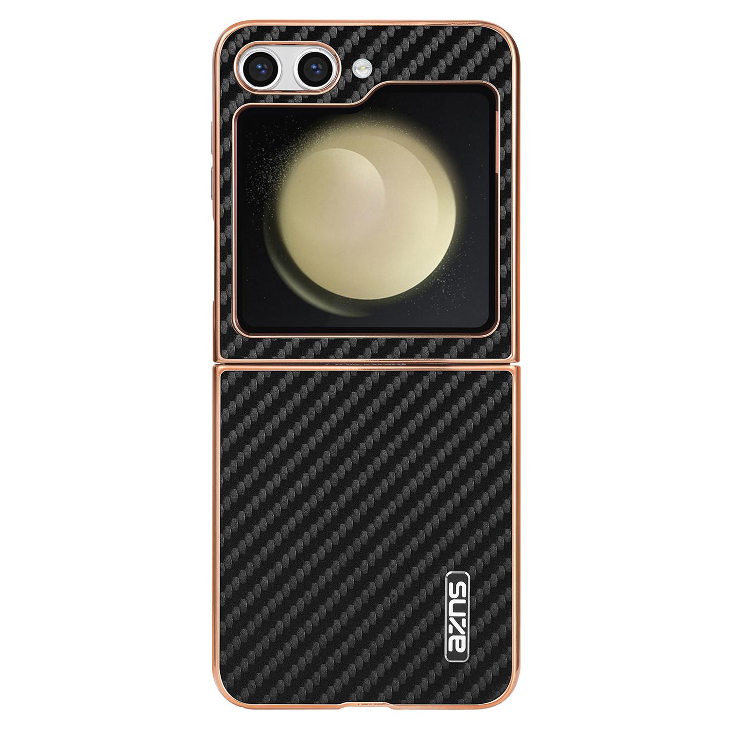 

For Samsung Galaxy Z Flip7 FE 5G/Z Flip6 5G Case Electroplating Carbon Fiber Texture PU+PC Phone Cover Black