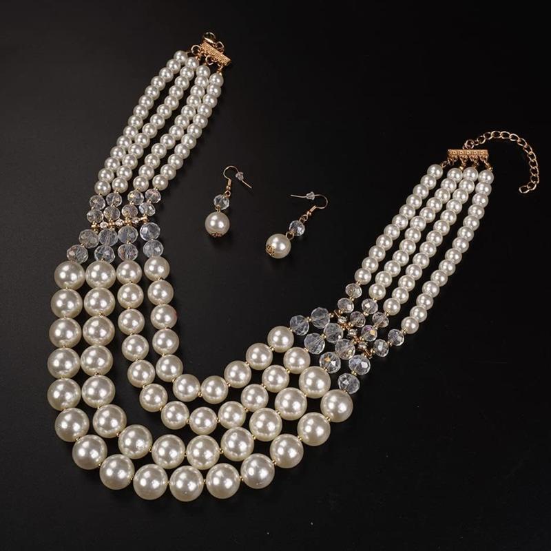 Nowa Moda Wielowarstwowy Ręcznie Robiony Naszyjnik z Imitacji Pereł i Kryształów, Koralikowy, Cyrkoniowy Zestaw Naszyjnik i Kolczyki dla Kobiet, Akcesoria na Imprezę