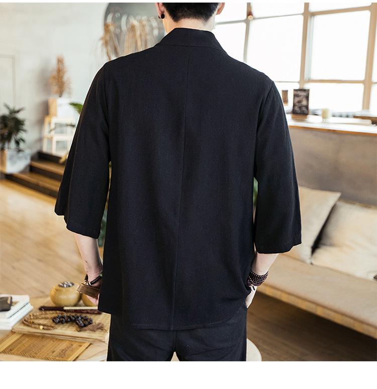 Men's Chinese Style Linen Hanfu Cardigan - Loose Fit, Plus Size, Casual Three-Quarter Sleeve Shirt