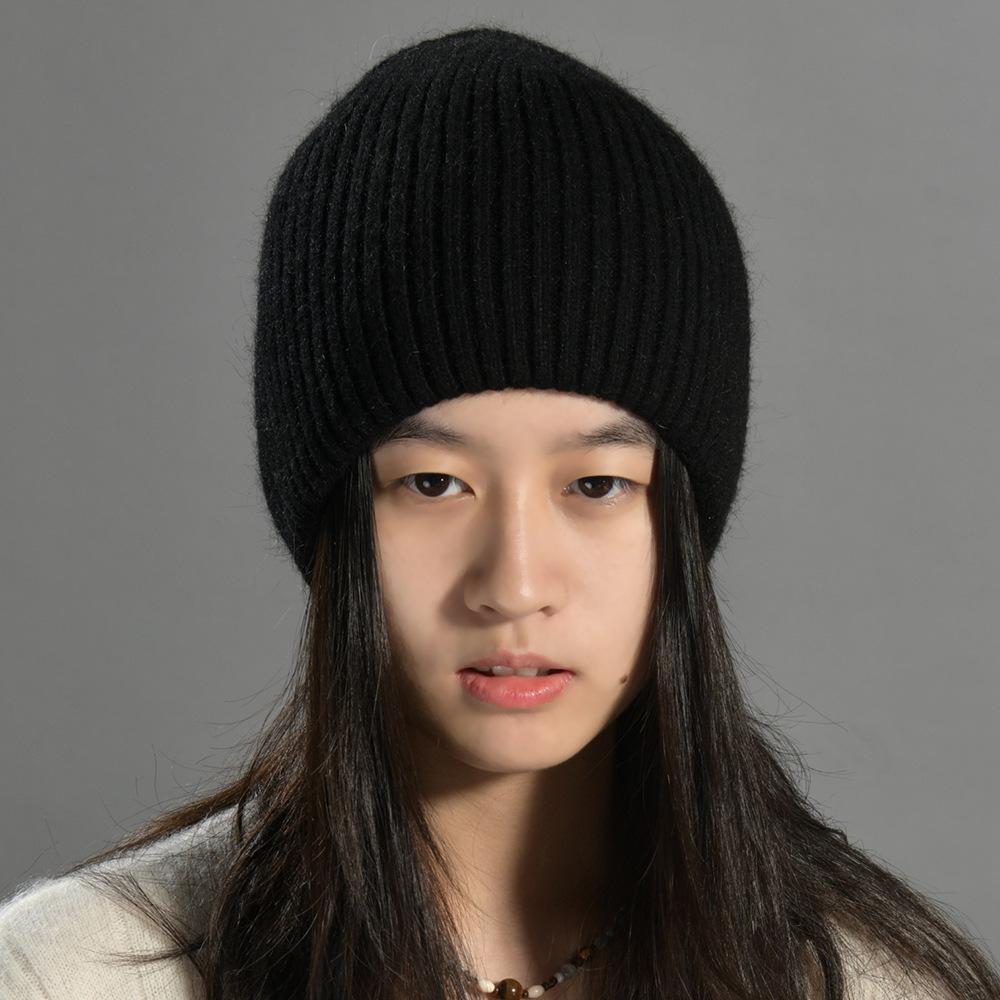 Solid color knitted hat European and American fashion rabbit down straight cold hat simple men's and women's versatile soft waxy double-layer warm woo