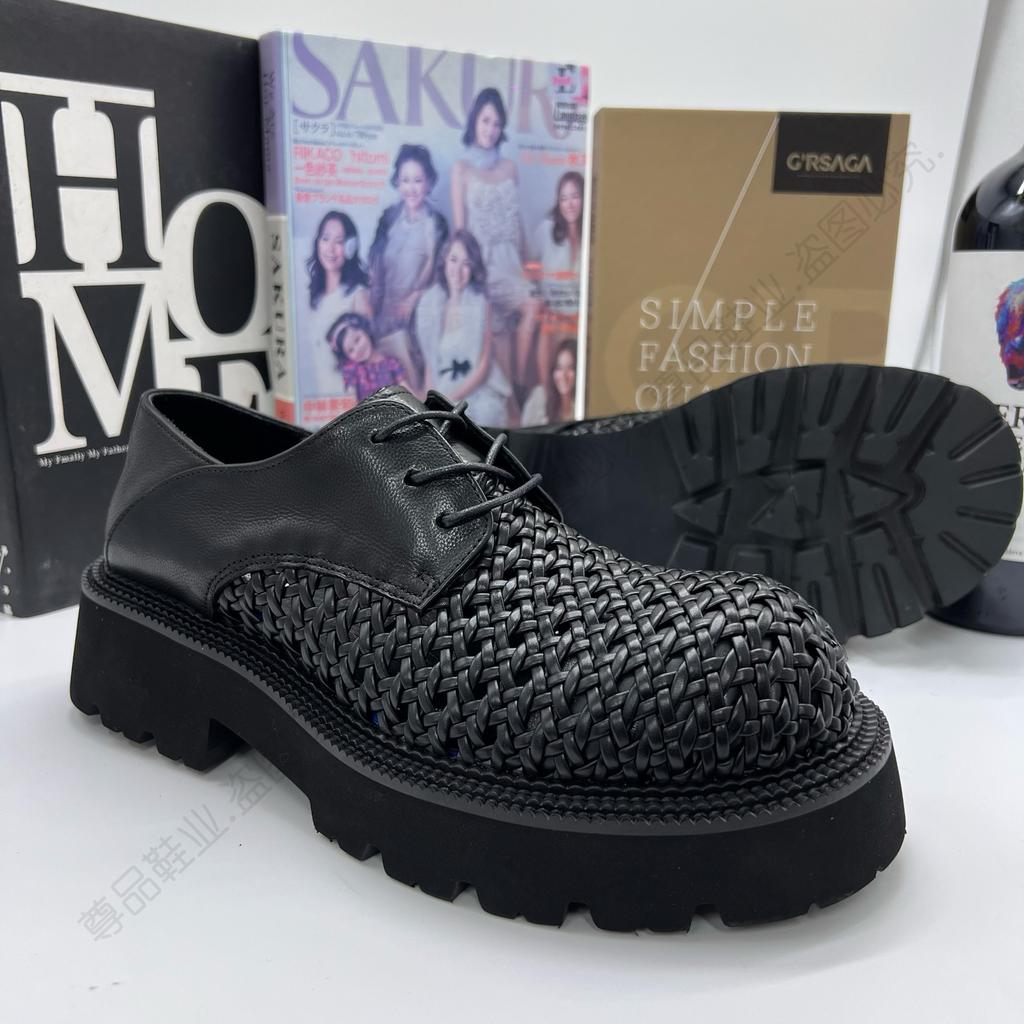 2025 New Derby Shoes Men's Niche High-end Summer Hand-woven Breathable Big Head Leather Shoes Casual Hole Shoes