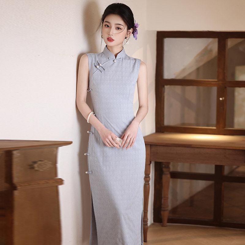 Blue National Style New Chinese Sleeveless Long Cheongsam Improved Young 1011 New Women's High Sense Daily Wear