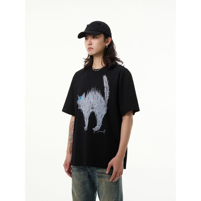 Kisko American Retro Cat Print Round Neck Short-Sleeved T-Shirt Men's New Summer Loose Design Top T-Shirt
