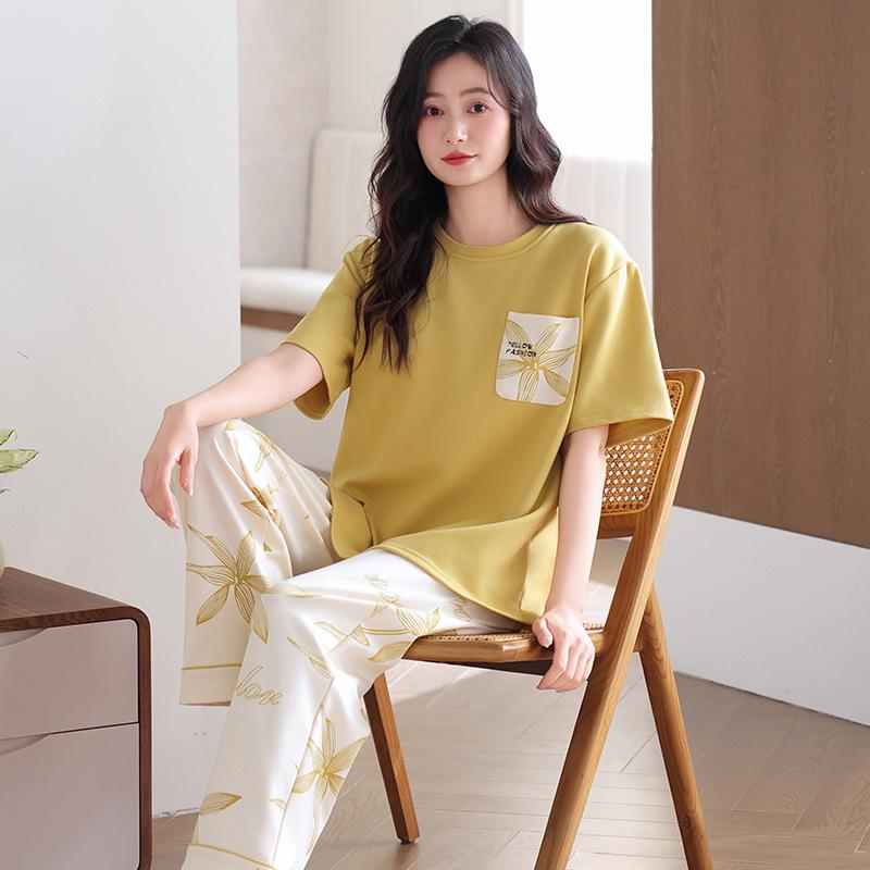 New Pure Cotton Pajamas Women's Spring and Summer Casual Fresh Short-sleeved Trousers Cool Cotton Can Be Worn Outside Loungewear Set
